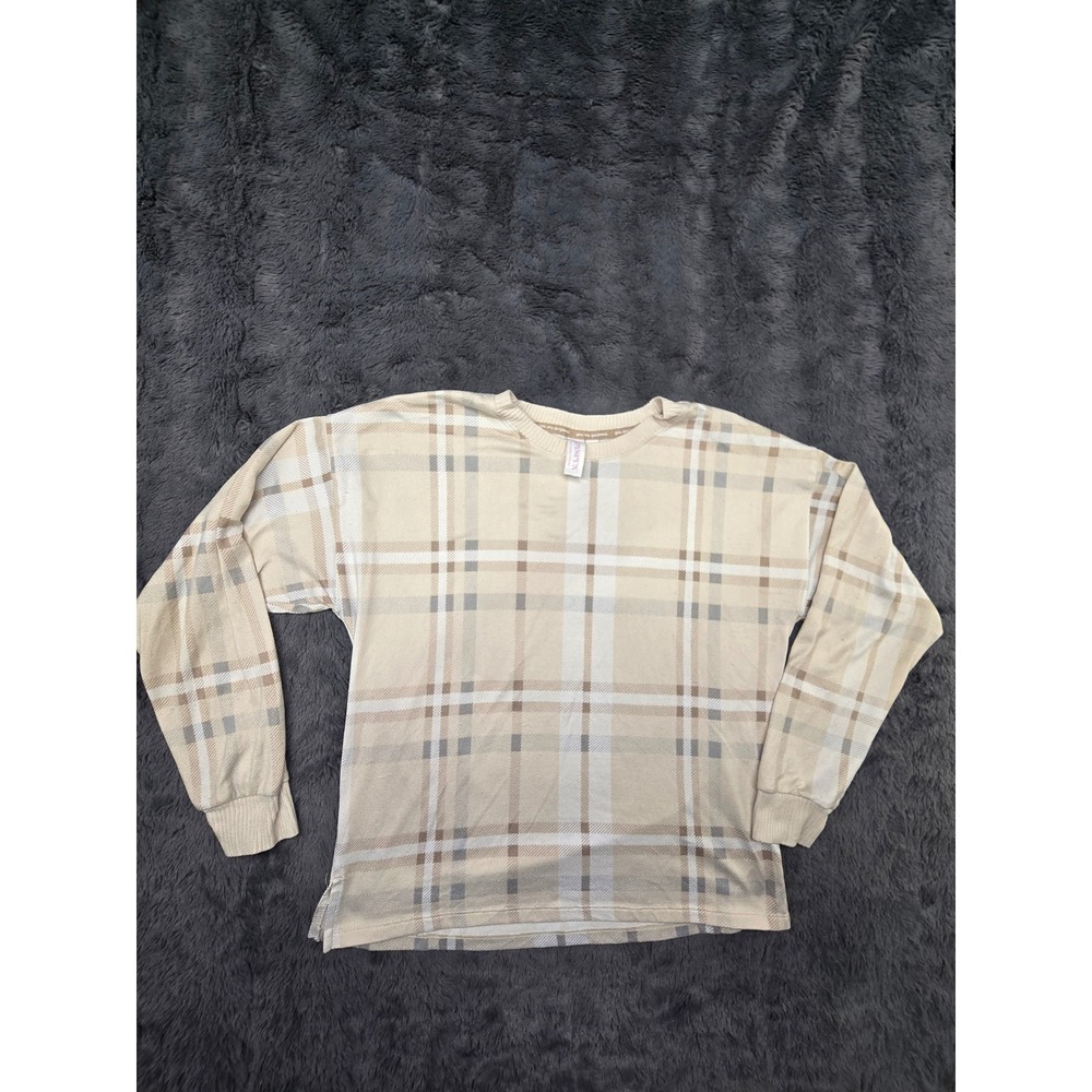 Joyspun Womens Plaid Long Sleeve Lounge Top Cream Tan Small 4-6 Pajama Shirt